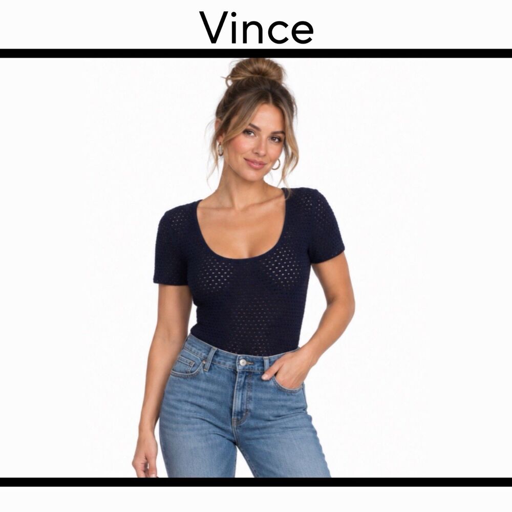 Vince Women's Textured Scoop Neck Open Knit Sweater Navy Blue Women’s Large
